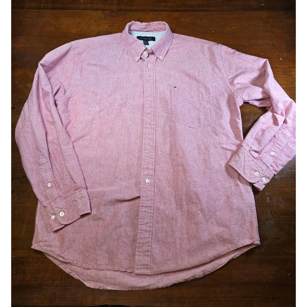 Tommy Hilfiger Shirt Mens Large Salmon Red Oxford Button Down Long Sleeve Preppy
